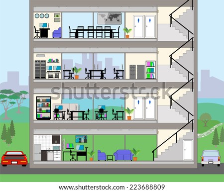 Cutaway Office Building with city background - Detailed Grouped and Layered EPS10 