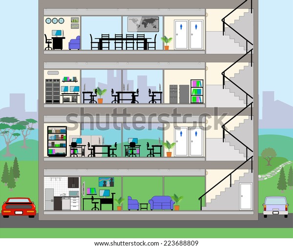 Cutaway Office Building with city background -\
Detailed Grouped and Layered EPS10\
