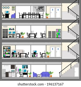 Cutaway Office Building With Interior Design Plan - Detailed Grouped And Layered EPS10 