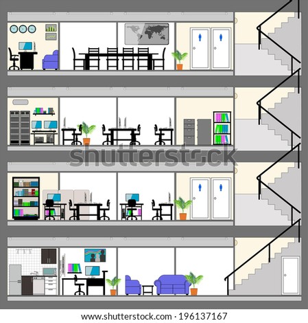 Cutaway Office Building with Interior Design Plan - Detailed Grouped and Layered EPS10 