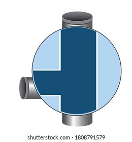 Cutaway pipe or pipeline inside under magnifying glass or magnifying glass. Realistic vector stock illustration with metal pipeline, sewer pipe, drain or plumbing cut and isolated on white background