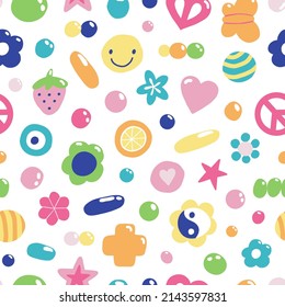 Cute 00s and 90s doodle seamless pattern. Retro glamorous style. Flat cartoon icons: beads, flowers, hearts, emoji, smiles, star. Trendy 2000s y2k surface. Vector texture for textile, paper