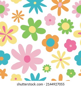 Cute 00s and 90s doodle seamless pattern. Retro glamorous girl style. Flat cartoon simple abstract flowers. Trendy 2000s y2k texture for kid textile, paper, fabric. Vector childish surface for summer