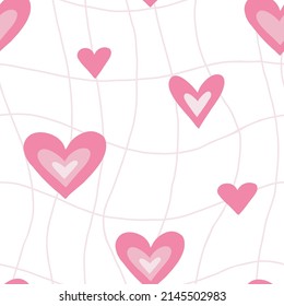 Un patrón ininterrumpido de garabatos de décadas y noventa. Estilo retro glamoroso de adolescente. Caricatura plana abstracta corazones. Textura de moda de los años 2000 y2k para niños textiles, papel, tela. Superficie vectorial de San Valentín