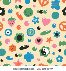 Cute 00s and 90s doodle seamless pattern. Flat cartoon element on beige: beads, flowers, hearts, emoji, smiles, star. Retro handcraft, hobby, creative workshop.  Trendy 2000s y2k surface. Vector