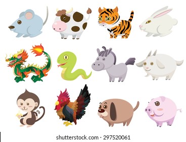 Cute 12 Chinese Zodiac Animals Set Cartoon Vector