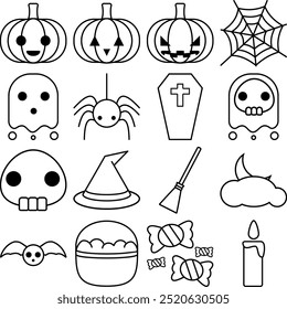 cute 16 halloween icons, black outline