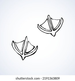 Cute 2 flat mallard pawprint set white sand backdrop. Freehand line black ink hand drawn vet logotype emblem retro art doodle contour style pen paper text space. Funny nestle toe way element top view