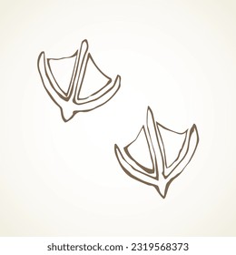 Cute 2 flat mallard pawprint set on white sand backdrop. Freehand line black ink hand drawn vet logo emblem in retro art doodle contour style pen on paper space for text. Funny nestle toe way top view
