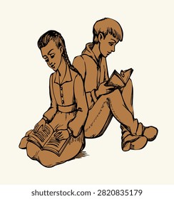 Cute 2 happy joy smile sibling group lady face man dream think hold open old historic love fairy tale story rest relax seat floor outdoor home class room. Black ink pen line hand drawn young fun teen guy retro doodl outline art faith wisdom icon sign