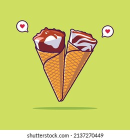 Cute 2 Ice Cream Cones Cartoon Vector Illustration. Food and Beverage Concept Vector. Cartoon images for icons, coloring books, backgrounds, and more. Flat Cartoon Style