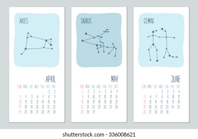Cute 2016 calendar pages as schematic hand drawn zodiac constellations with hand written text