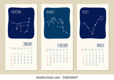 Cute 2016 calendar pages as schematic hand drawn zodiac constellations with hand written text