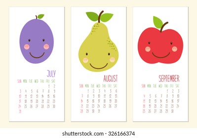 Cute 2016 calendar pages with smiling fruit characters and retro hand written thin font
