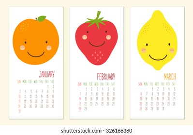 Cute 2016 calendar pages with smiling fruit characters and retro hand written thin font