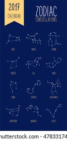 Cute 2017 calendar cover page as schematic hand drawn zodiac constellations with hand written text