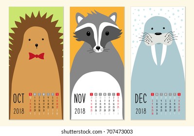 Cute 2018 calendar pages with funny cartoon animals characters