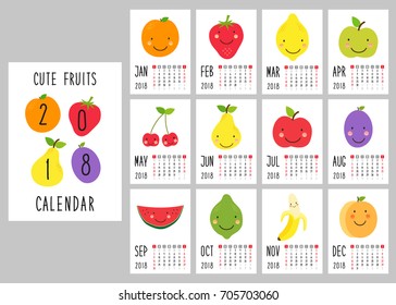 Cute 2018 calendar pages with smiling fruit characters and retro hand written thin font