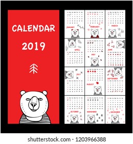Cute 2019 calendar set with bear. Doodle style in red and white colors.