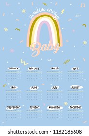 Cute 2019 Calendar. Yearly Planner Calendar with all Months. Good Organizer and Schedule. Bright colorful illustration with motivational quotes. Vector background