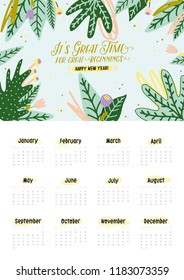 Cute 2019 Calendar. Yearly Planner Calendar with all Months. Good Organizer and Schedule. Terndy floral illustration with leafs and ferns. Vector background