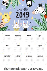 Cute 2019 Calendar. Yearly Planner Calendar with all Months. Good Organizer and Schedule. Cute holiday  illustration with funny animals. Good for kids