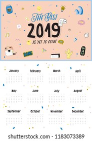 Cute 2019 Calendar. Yearly Planner Calendar with all Months. Good Organizer and Schedule. Trendy illustration with girl power elements and typography. Vector background
