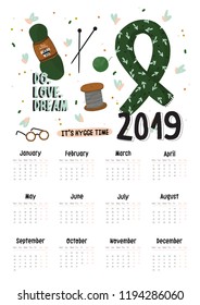 Cute 2019 Calendar. Yearly Planner Calendar with all Months. Good Organizer and Schedule. Bright colorful illustration with motivational quotes. Vector background