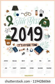 Cute 2019 Calendar. Yearly Planner Calendar with all Months. Good Organizer and Schedule. Bright colorful illustration with motivational quotes. Vector background