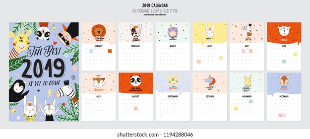 Cute 2019 Calendar. Yearly Planner Calendar with all Months. Good Organizer and Schedule. Cute holiday  illustration with funny animals. Good for kids