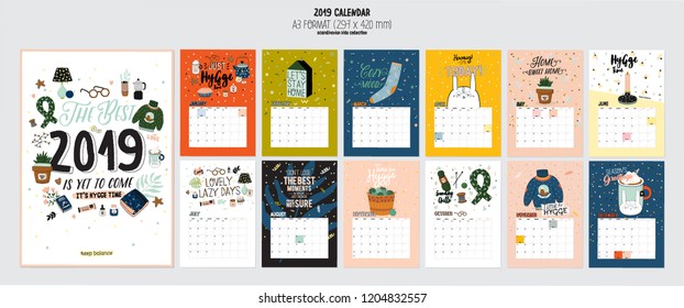 Cute 2019 Calendar. Yearly Planner Calendar with all Months. Good Organizer and Schedule. Bright colorful illustration with motivational quotes. Vector background