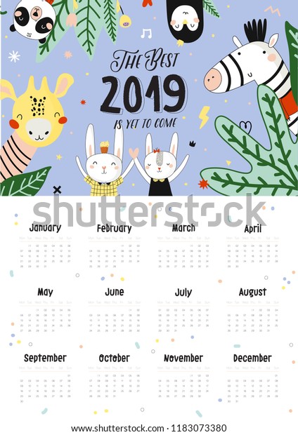 Cute 2019 Calendar Yearly Planner Calendar 스톡 벡터(로열티 프리) 1183073380 ...