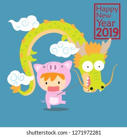 cute 2019 new year greeting card boy wearing pig costume holding dragon vector illustration