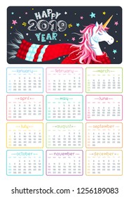 Cute 2019 year calendar with unicorn, scarf and stars on black background. Lettering "Happy 2019 Year". Cartoon character. Childish Vertical vector organizer.