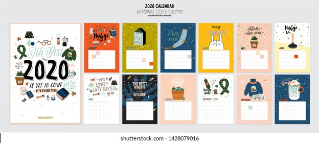 Cute 2020 Calendar. Yearly Planner Calendar with all Months. Good Organizer and Schedule. Bright colorful Hygge illustration with motivational quotes. Vector background