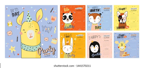 Cute 2020 Calendar. Yearly Planner Calendar have all Months. Good Organizer and Schedule. Cute happy birthday holiday  illustration with funny animals. Good for kids