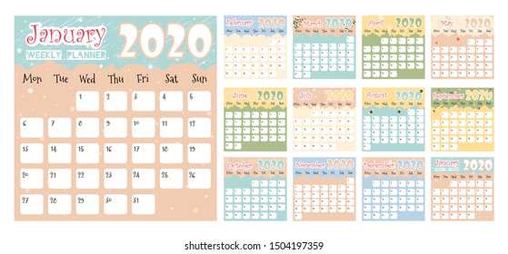 Cute 2020 Calendar. Yearly Planner Calendar with all Months. Good Organizer and Schedule. Cute holiday illustration .