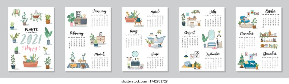 Cute 2021 calendar with hand drawn plants, succulents, cactus and home interior decorations. 