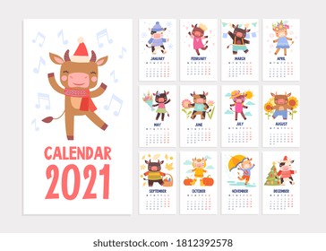 Cute 2021 calendar template with cartoon animals laughing and dancing in a twelve month format, colored vector illustration