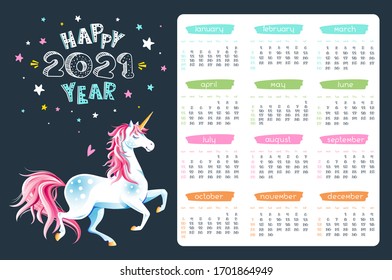 Cute 2021 year calendar with running unicorn and stars on black background. Lettering "Happy 2021 Year". Cartoon character. Childish horizontal vector organizer.