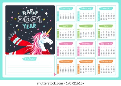 Cute 2021 year calendar with unicorn, scarf and stars on mint green background. Lettering "Happy 2021 Year". Cartoon character. Childish horizontal vector organizer.