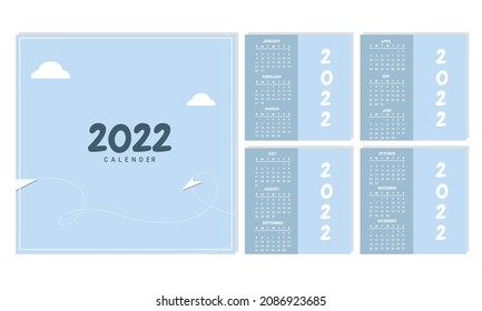 Cute 2022 calendar template on cloud blue background. Corporate desk calendar ready to print. Sunday starts on Monday. week as a weekend. good for daily log, business, schedule, planner, etc.