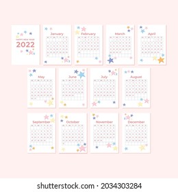 Cute 2022 Calendar Vertical Template, Monthly Calendar with Cute Star Background