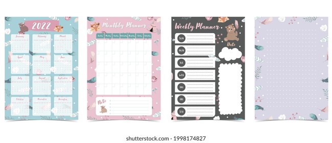 Cute 2022 table calendar week start on Sunday with bear cub that use for vertical digital and printable A4 A5 size 