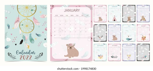 Cute 2022 table calendar week start on Sunday with bear cub that use for vertical digital and printable A4 A5 size 