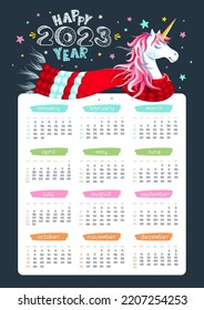 Cute 2023 year calendar with unicorn, scarf and stars on black background. Lettering "Happy 2023 Year". Cartoon character. Childish Vertical vector organizer.