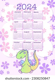 Cute 2024 calendar green dragon vector illustration for kids, print for card, poster 