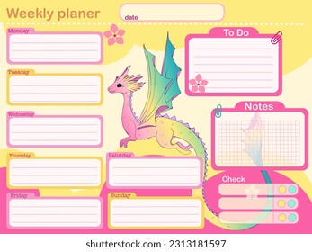 Cute 2024 planer  dragon vector illustration for kids, print for card, poster  kawaii