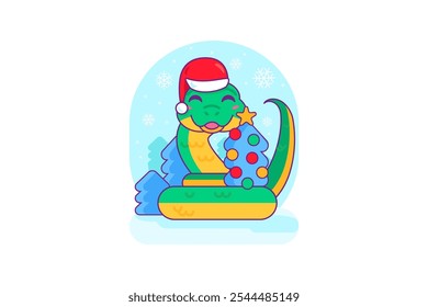 Cute 2025 Chinese New Year of Snake symbol with Santa hat for printing, cartoon vector illustration on blue snowy background