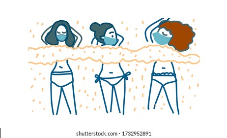 cute 3 girls in face masks are lying topless in the sand on the beach vector